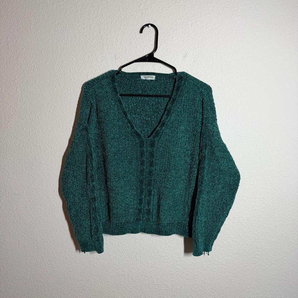 Cocovive Sweater Womens Medium Emerald Green Chenille V Neck Cable Knit Ribbed